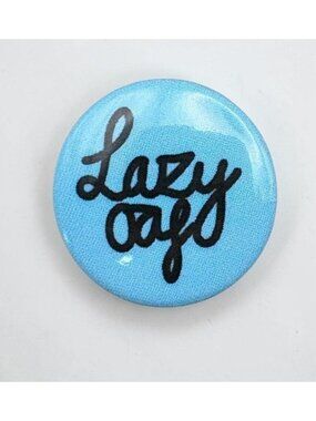 Lazy Oaf Jacket Button Pin Sky Blue with Black Script Text Retro Fashion